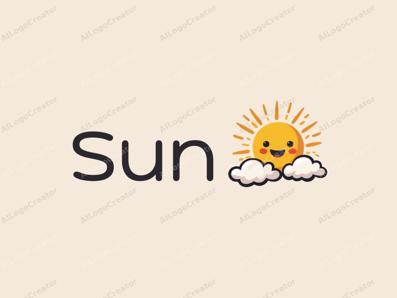 playful design features a bright yellow sun radiating light, a cheerful smiling face, and fluffy clouds, combined with a clean background.