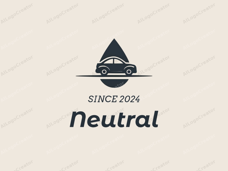 minimalist design features a stylized car silhouette integrated with a water droplet, emphasizing neutrality and balance, combined with a clean background.