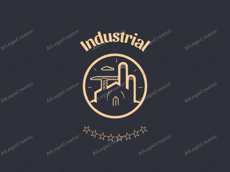 modern design features a stylized factory silhouette, interlocking gears, and a crane, combined with a clean background.