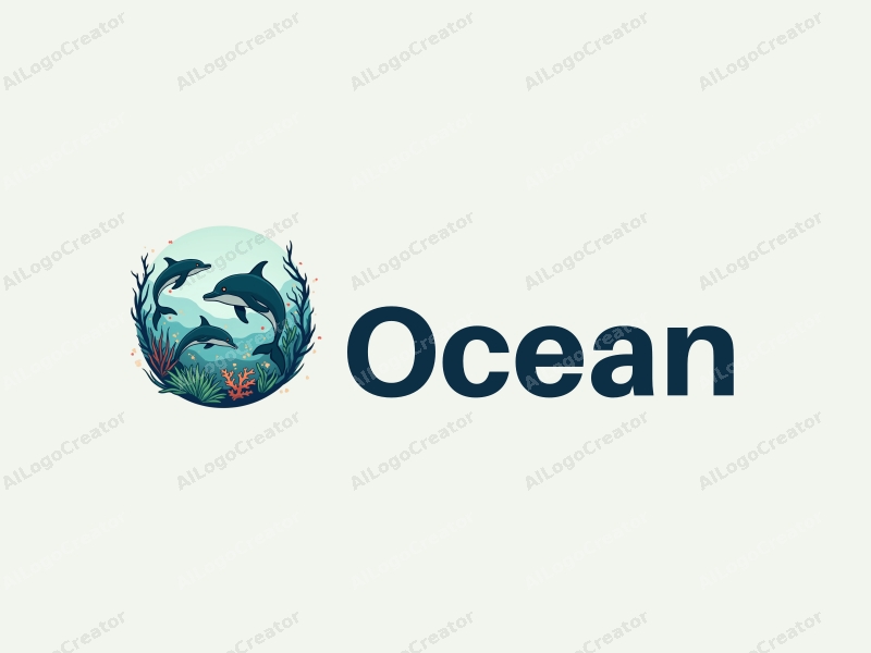 a modern minimalist design featuring stylized ocean waves, playful dolphins, and vibrant corals, combined with a clean background in blue and green tones.