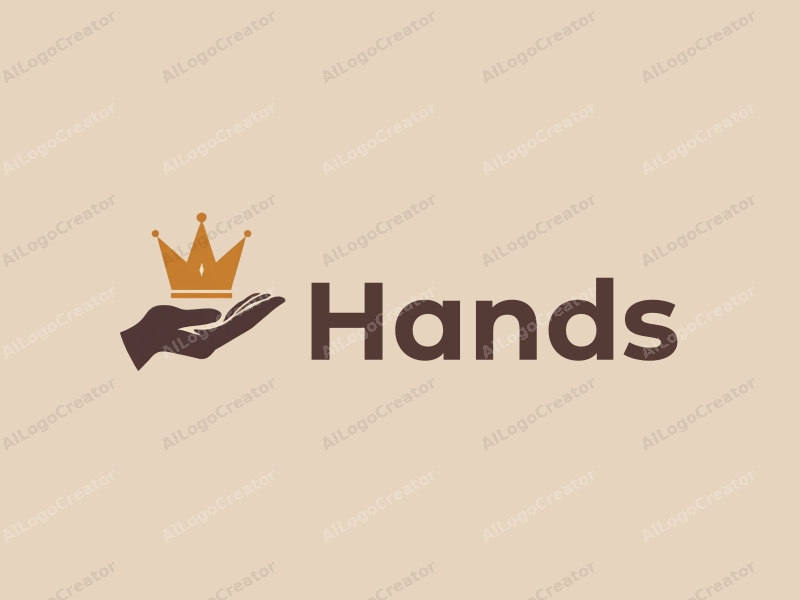 a modern design featuring a stylized hand gripping a palm with a crown, using skin tone colors, combined with a clean background.