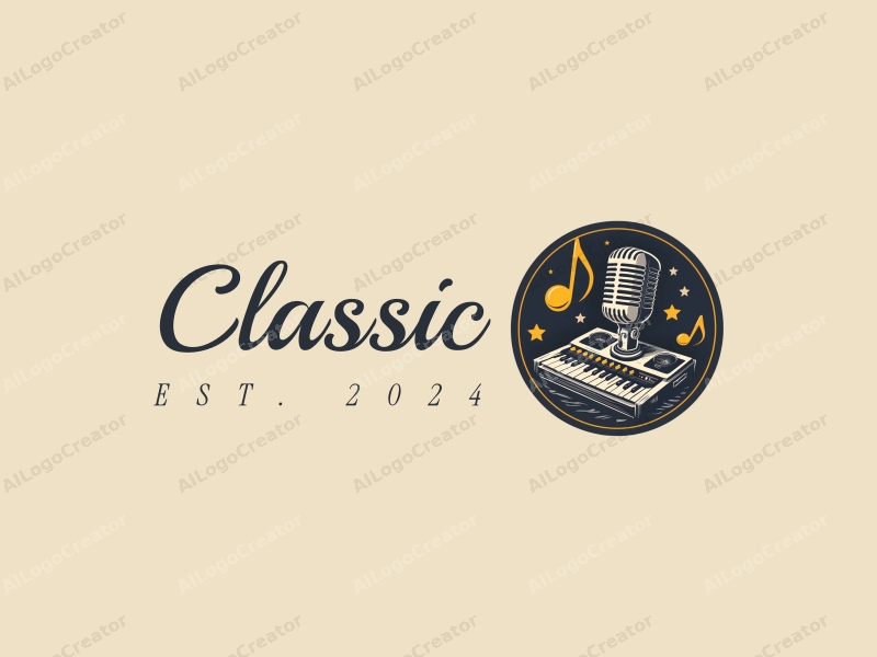 vintage design features classic elements like musical notes and a stylized sound mixer, combined with dark and neutral tones, set against a clean background.