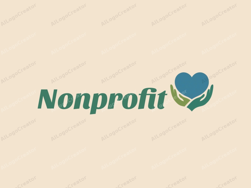 a modern minimalist design featuring a stylized heart and hands symbolizing charity and volunteer work, combined with a clean background in blue and green tones.