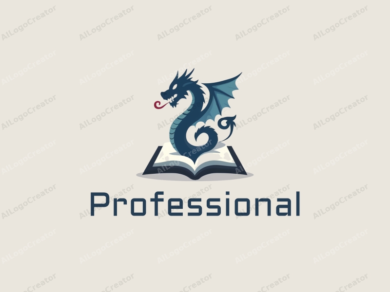 a modern minimalist design featuring a stylized dragon intertwined with an open book, using blue and gray colors, emphasizing professionalism and certification, combined with a clean background.