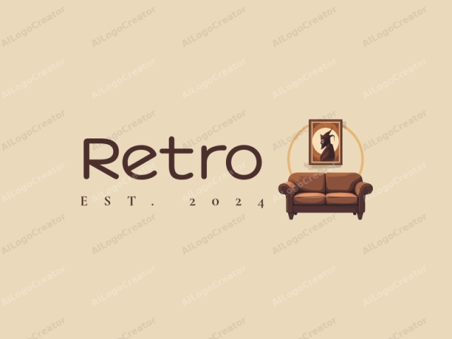 vintage design features a retro sofa and a retro poster with a Djinn, incorporating a harmonious blend of brown and beige colors against a clean background.