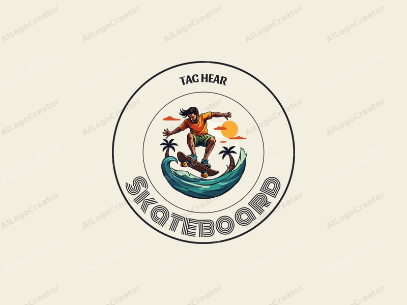 playful design features a vibrant skateboard, a dynamic skateboarder in action, and elements of surfing, combined with a clean background.