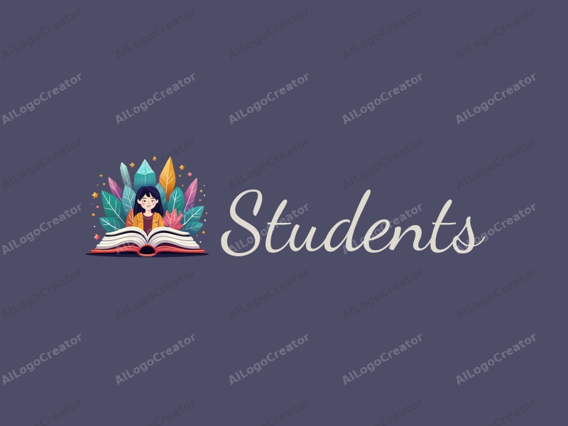 playful design features vibrant colors, stylized students and school elements, open books, and crystal motifs combined with a clean background.