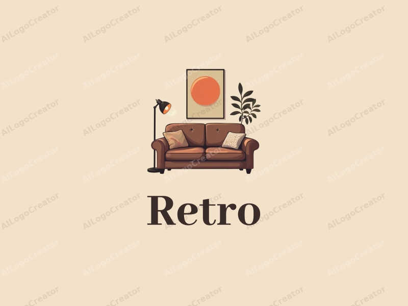 vintage design features a stylized retro sofa and a retro poster, combined with JP elements, set against a clean background in brown and beige tones.