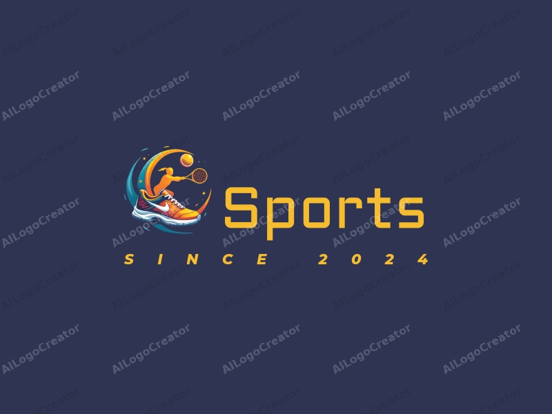 vibrant design features dynamic sports shoes, a stylized racket, an energetic athlete silhouette, and a globe, combined with a clean background.