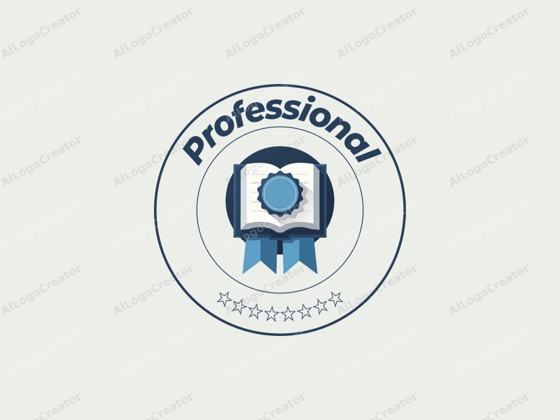 modern design features a stylized book and badge, representing professionalism and certification, combined with a clean background in blue and gray tones.