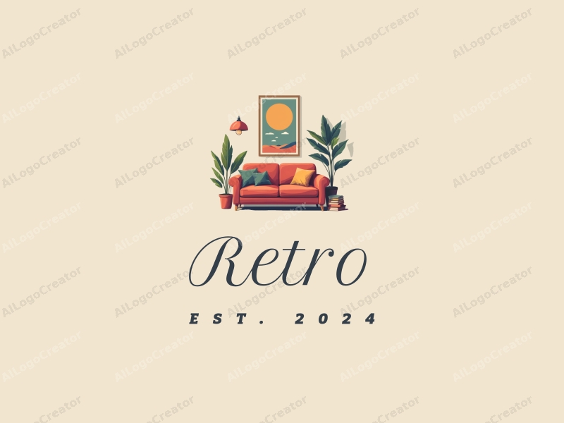 vintage design features a retro sofa, a retro poster, plants, and books, combined with a clean background and harmonious composition.