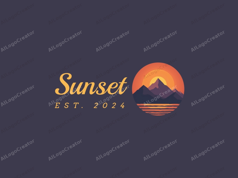 vintage design features a stylized sunset over mountains and ocean, with a harmonious blend of orange and purple colors, creating a clean and simple composition.