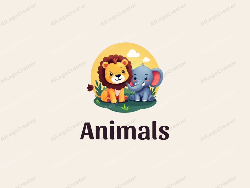 playful design features a small lion and an elephant in a vibrant, colorful setting, incorporating elements of wildlife and education, with a clean and harmonious composition.