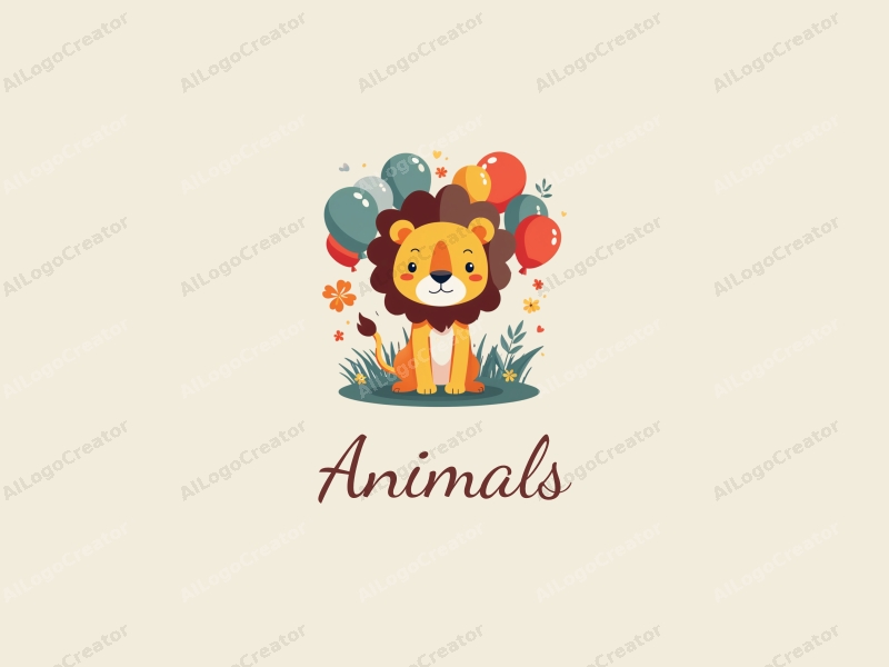 playful design features a small lion surrounded by colorful balloons, incorporating elements of wild animals in a vibrant and cheerful composition with a clean background.