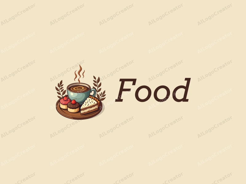 a modern design featuring vibrant food elements, a stylized coffee cup, and desserts, combined with a clean background and a harmonious layout.