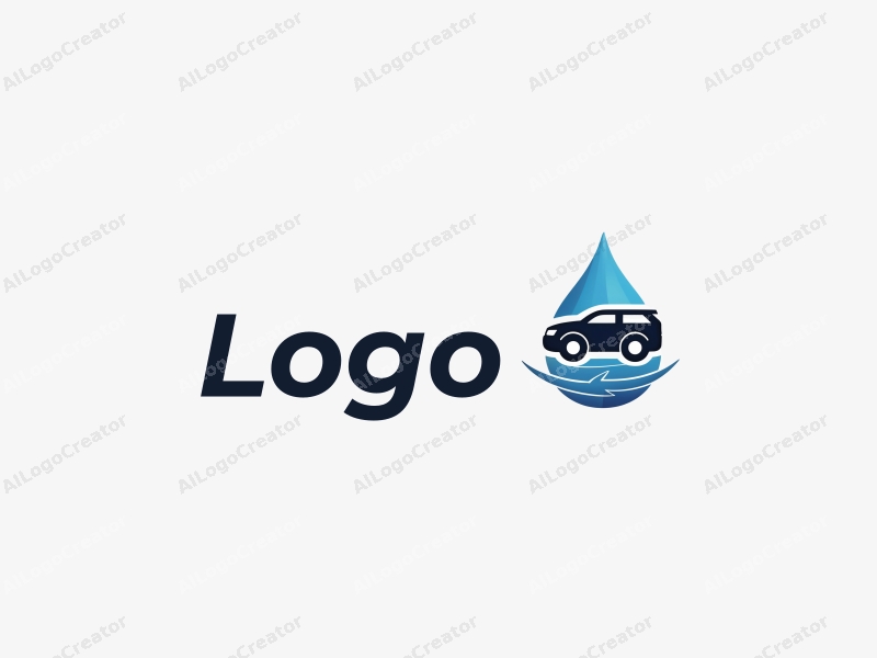 a modern design featuring a stylized car silhouette intertwined with a water droplet, utilizing a clean and simple composition with blue and black colors.