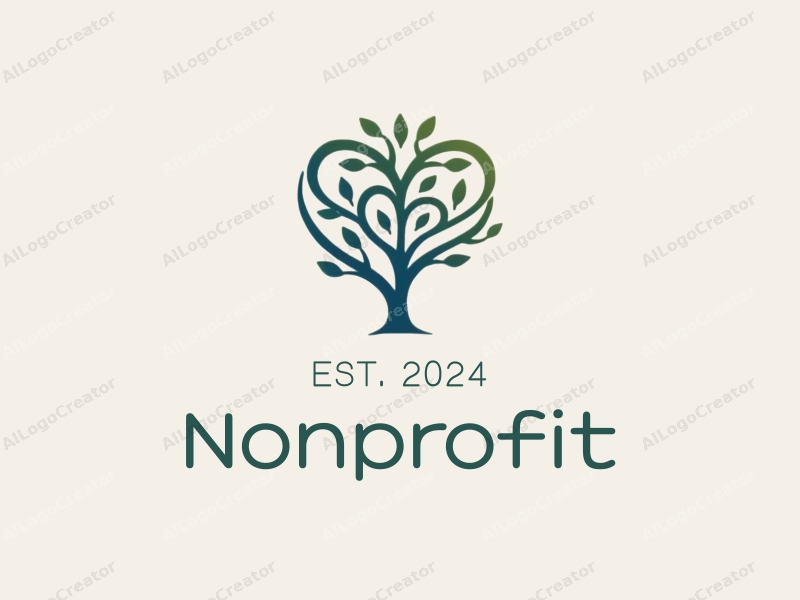 modern design features a stylized heart intertwined with tree branches, representing charity and volunteerism, combined with a clean background in blue and green tones.