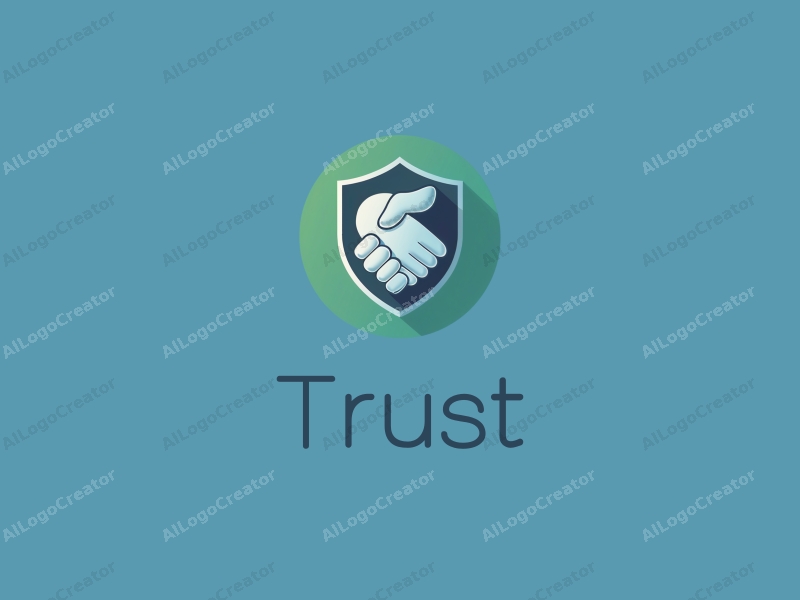 a modern minimalist design featuring a stylized shield and handshake, symbolizing trust and safety, combined with a clean background in blue and green tones.