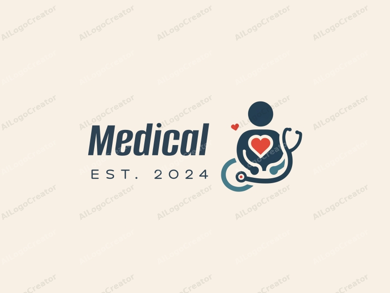 modern design features a stylized hospital silhouette, a doctor figure, a stethoscope intertwined with a heart, combined with a clean background.