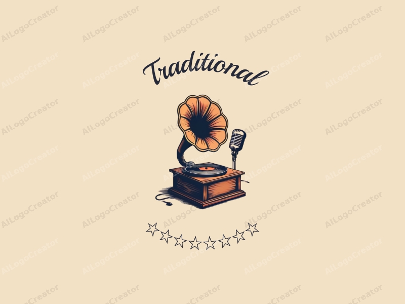 vintage design features a classic gramophone and microphone, combined with traditional elements, set against a clean beige background.