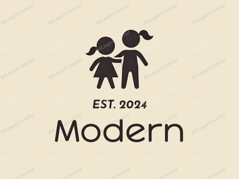 minimalist design features simple geometric shapes representing children and legal symbols, combined with a tag style approach and a clean background.