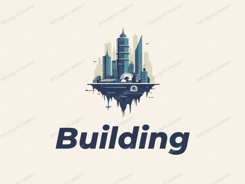 modern design features a stylized building and structure combined with a robot and gears, utilizing a clean and simple composition.