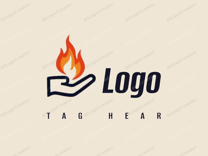 a modern design featuring a stylized palm hand and a flame, combined with a clean background and a minimalist approach.