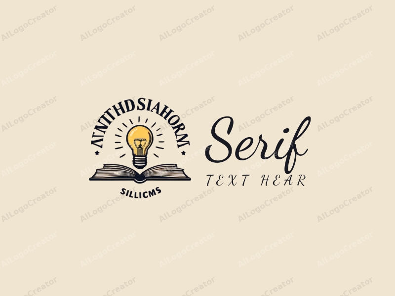 vintage design features elegant serif fonts, a stylized light bulb, and an open book, combined with a clean background.