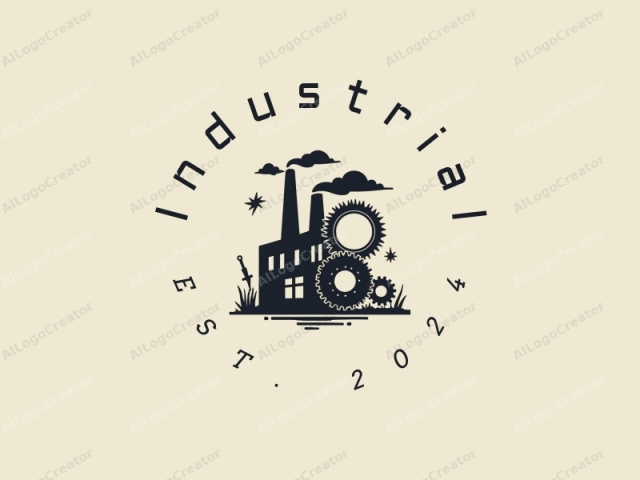 modern design features a stylized factory silhouette, interlocking gears, and welding elements combined with a clean background.