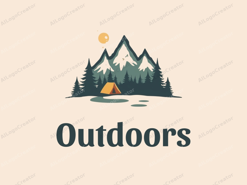 modern design features a stylized mountain silhouette, a simple tree outline, and camping elements combined with a clean background.