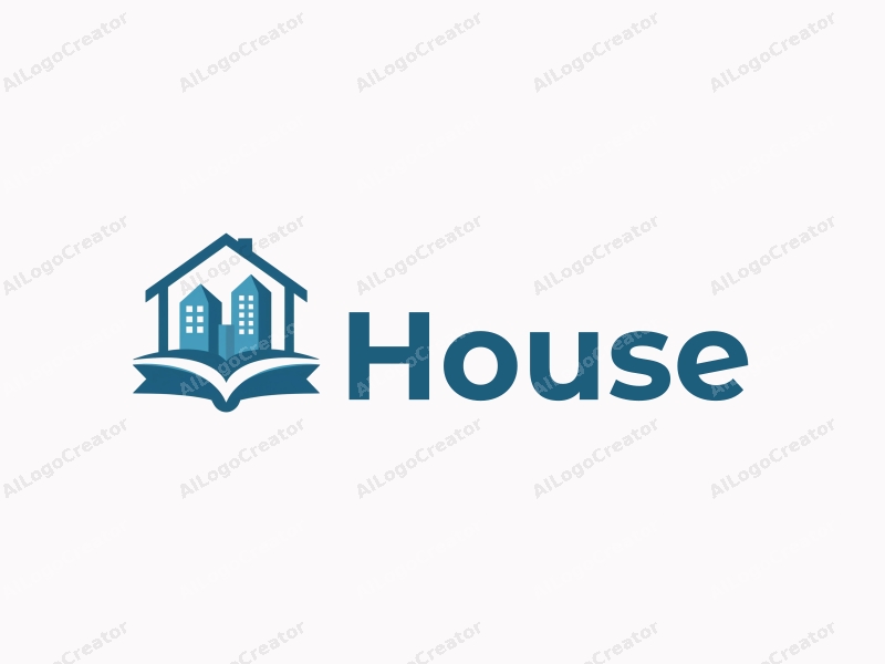 modern design features a stylized house and building silhouette, combined with a banner and book elements, using a clean blue color palette and a harmonious composition.