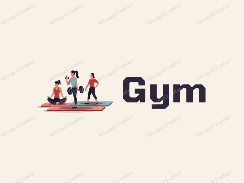 modern design features stylized dumbbells and yoga mats, combined with active individuals in a clean background, emphasizing fitness and movement.