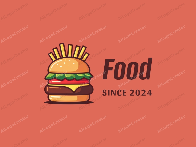 a modern design featuring a stylized burger and fries, with vibrant colors and a clean background, emphasizing the deliciousness of the food in a harmonious and simple composition.