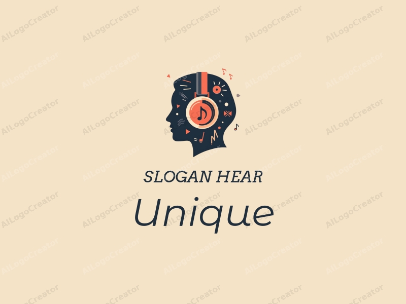 modern design features stylized musical notes, a human head silhouette, headphones, and sound waves combined with a clean background.