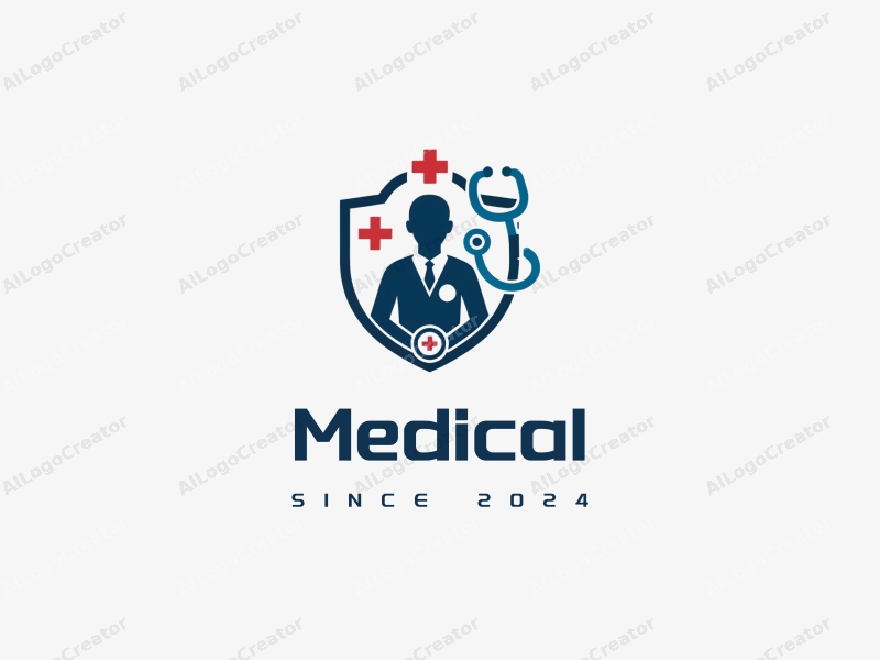 modern design features a stylized hospital silhouette, a doctor figure, and a stethoscope intertwined with medicine elements, combined with a clean background.