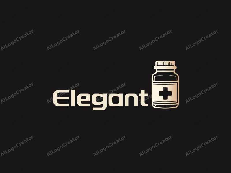 modern design features a sleek silhouette of a medicine bottle and a first aid kit, combined with elegant and refined elements against a clean black background.