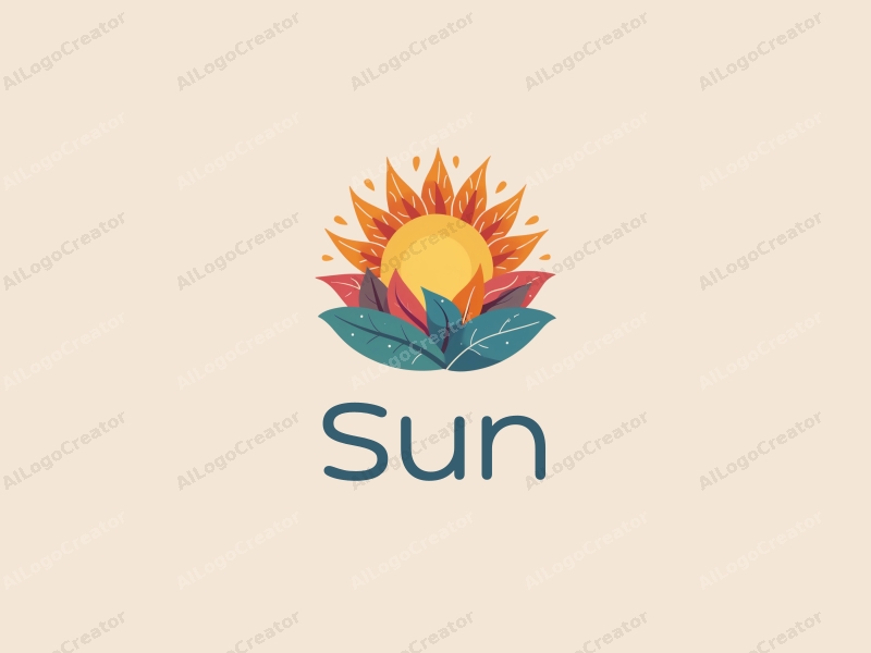 playful design features a stylized sun radiating light, vibrant spectrum colors blending with playful leaves, combined with a clean background.