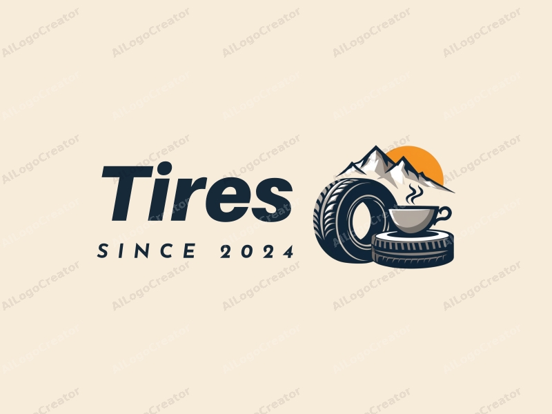 a modern design featuring a stylized tire and car tire, integrated with a snow mountain and a tea cup, using a clean and simple composition.