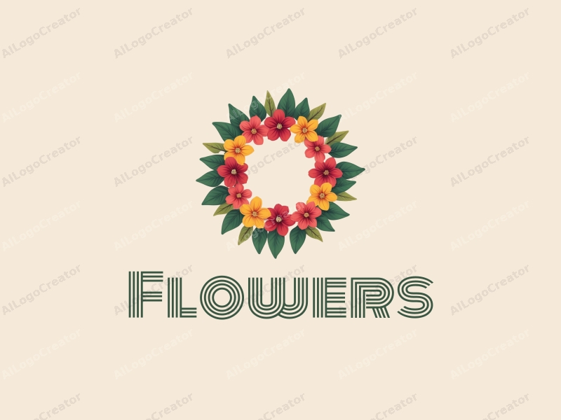 playful design features vibrant flowers and petals arranged in a circular wreath, surrounded by lush green leaves, creating a cheerful and inviting atmosphere with a clean background.