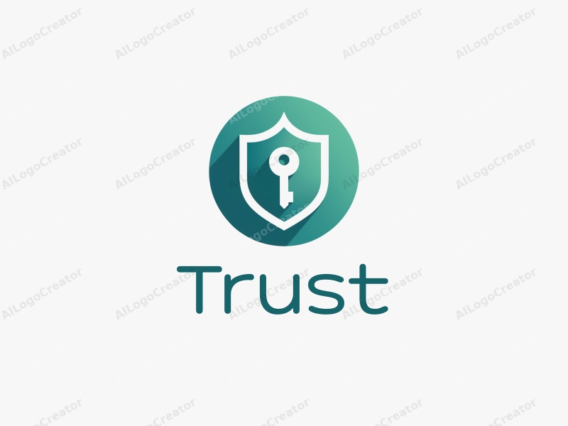 a modern minimalist design featuring a stylized shield and key, symbolizing trust and safety, combined with a clean background in blue and green tones.