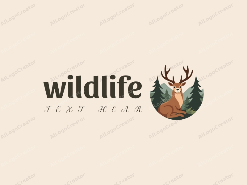 playful design features a stylized deer among trees, surrounded by natural landscapes, using earthy tones and a clean background.