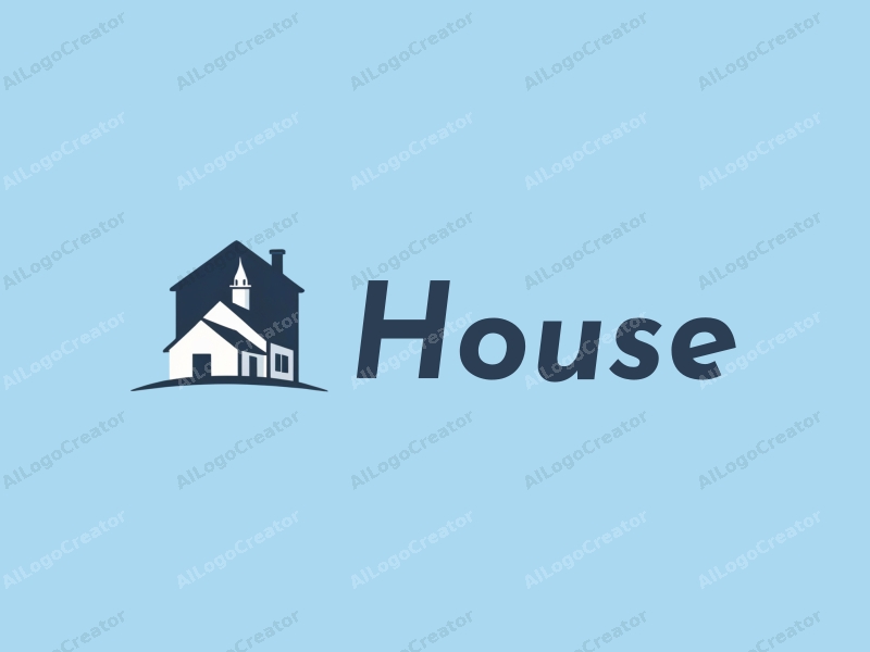 modern design features a stylized house and tower silhouette, combined with a clean blue background and a minimalist approach.