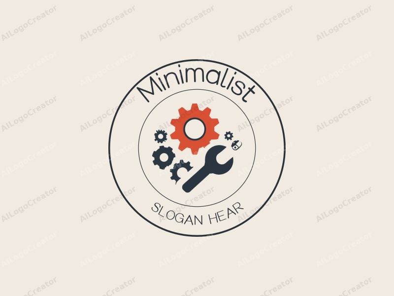 minimalist design features simple gears and a stylized wrench, combined with a clean background and a tag style approach.