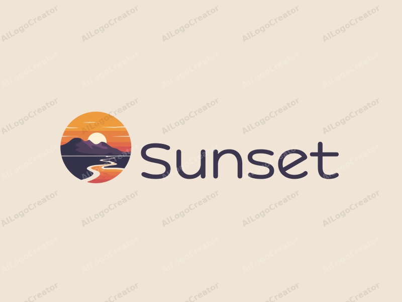 vintage design features a stylized sunset over a coastline with mountains in the background, using a harmonious blend of orange and purple colors, combined with a clean and simple layout.