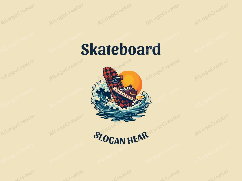 playful design features a vibrant skateboard, stylized skate shoes, and dynamic waves, combined with a clean background.