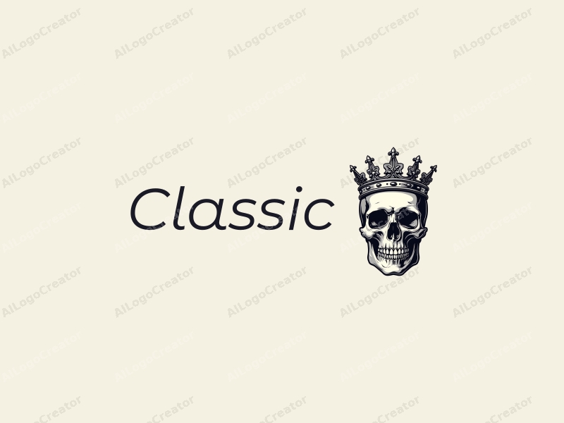 Classic design features an elegant skull adorned with a traditional crown, set against a clean background in white and dark tones, emphasizing sophistication and timelessness.