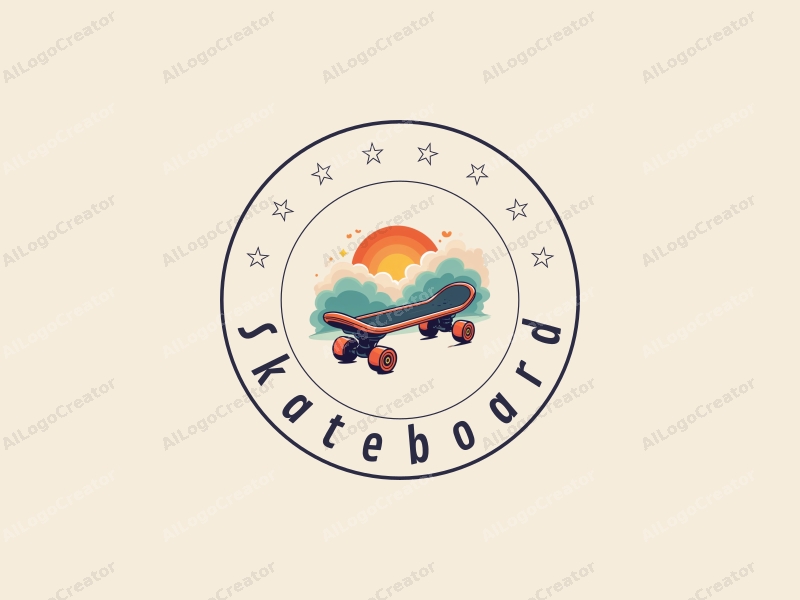 playful design features a vibrant skateboard silhouette with whimsical clouds in the background, combined with a clean and simple layout.