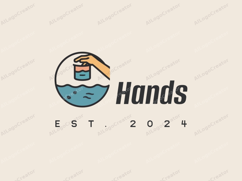 a modern design featuring a hand holding a container above a water surface, with a clean and simple composition, emphasizing harmony and creativity.