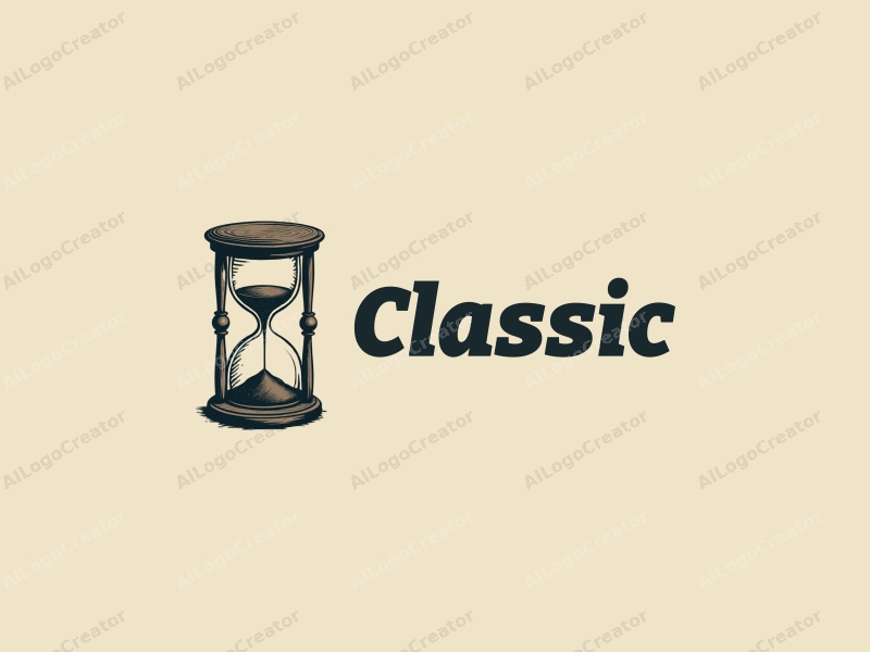 vintage design features classic and traditional elements, a stylized clock or hourglass symbolizing time, and an imprint motif combined with a clean background.