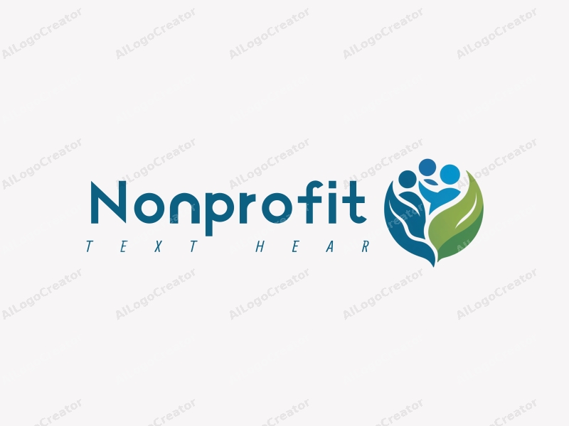 a modern design featuring stylized figures of volunteers working together, symbols of charity and hope, with a harmonious blend of blue and green colors, creating a clean and simple background.